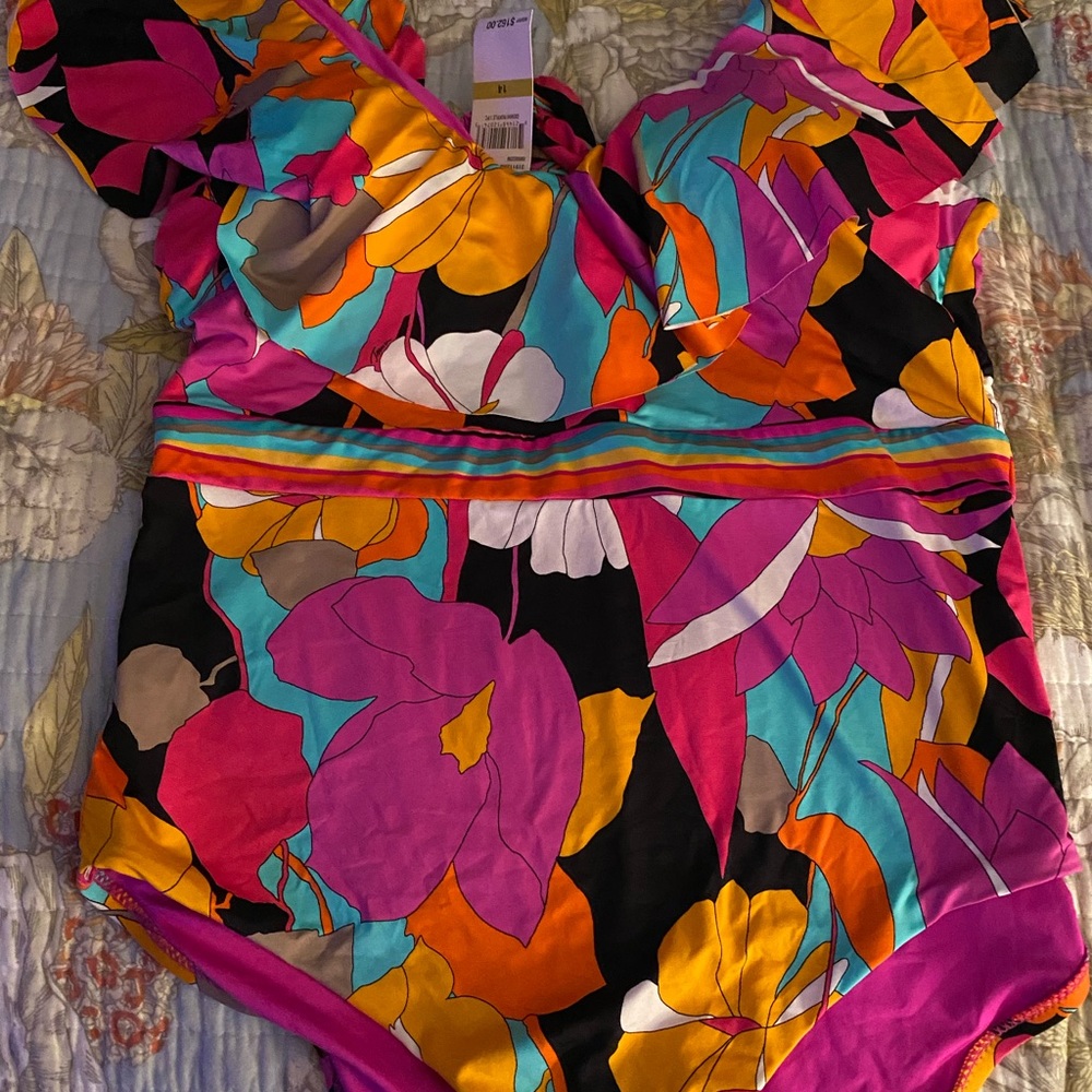 Trina Turk multicolored Gemini ruffle swimsuit size 14